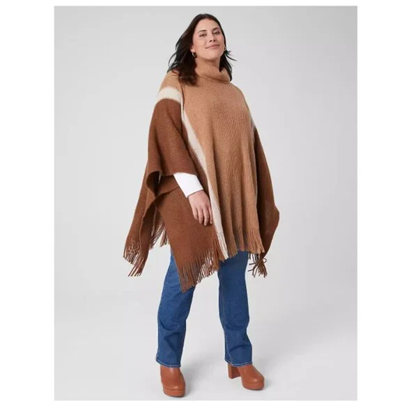 LANE BRYANT NWT Women's Plus One-size Colorblock Fringe-Hem Overpiece Brown - Picture 1 of 10